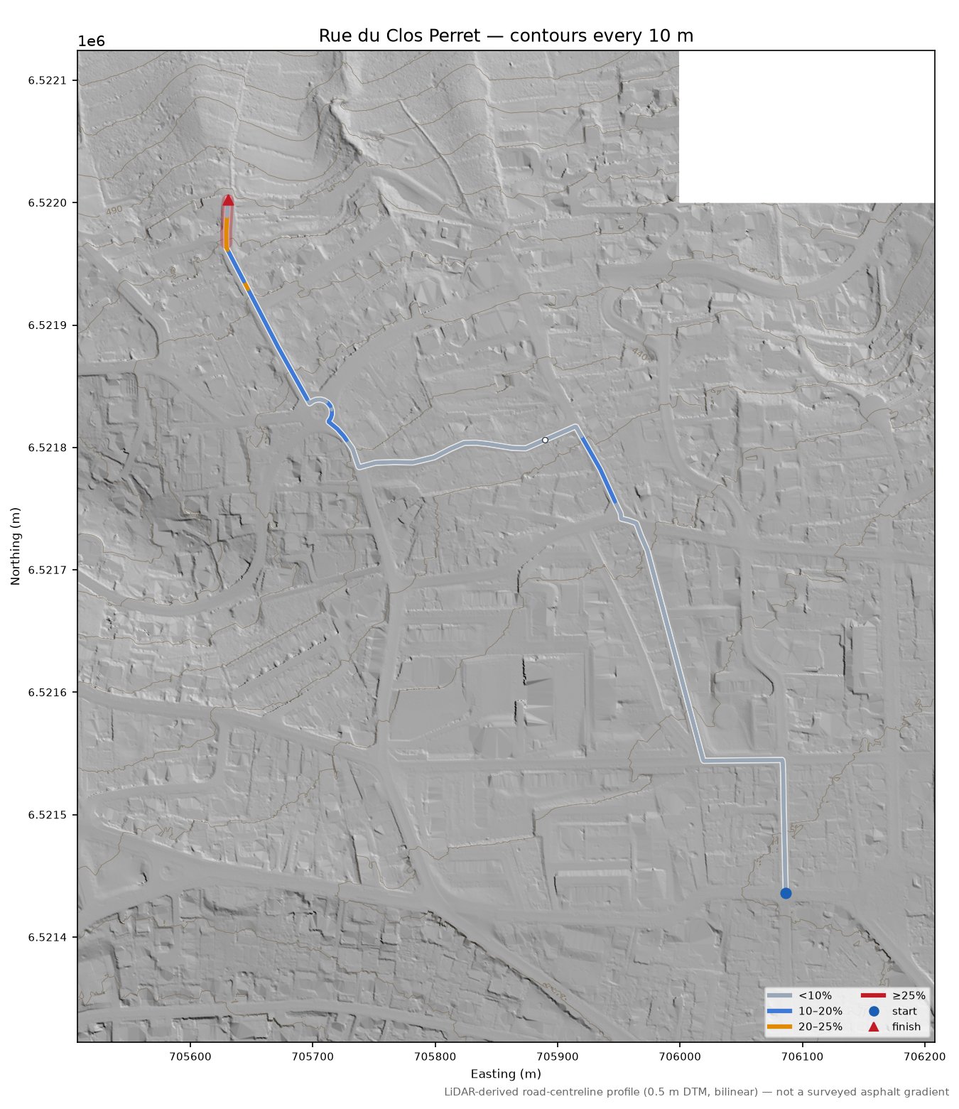 Rue du Clos Perret LiDAR hillshade map with contours