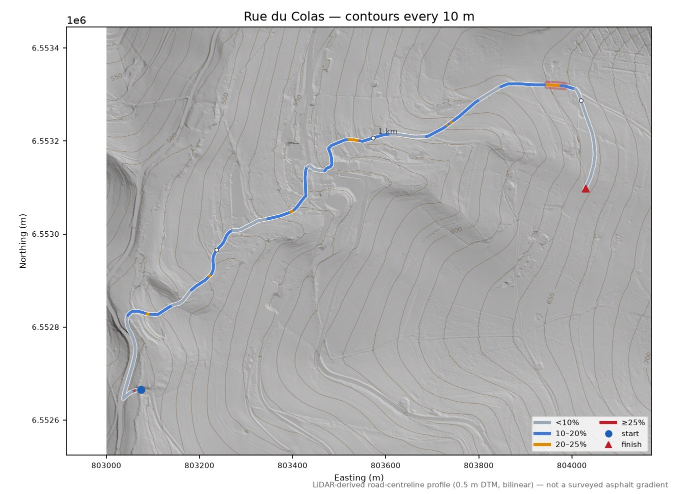 Rue du Colas LiDAR hillshade map with contours