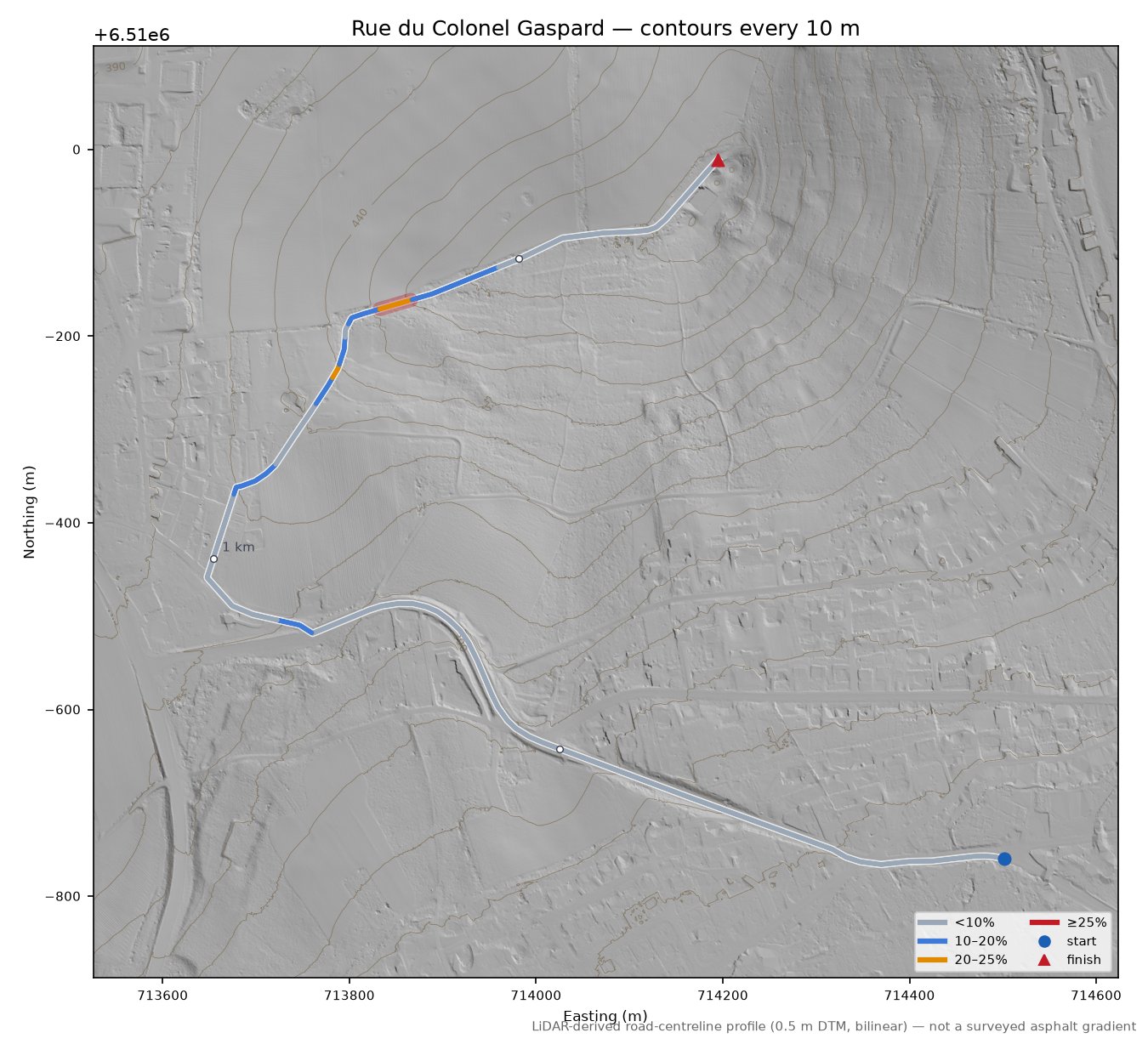 Rue du Colonel Gaspard LiDAR hillshade map with contours