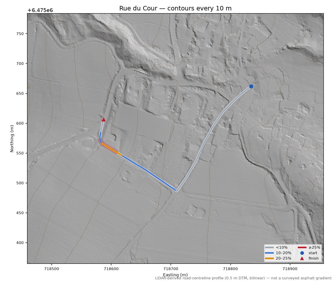 Rue du Cour LiDAR hillshade map with contours