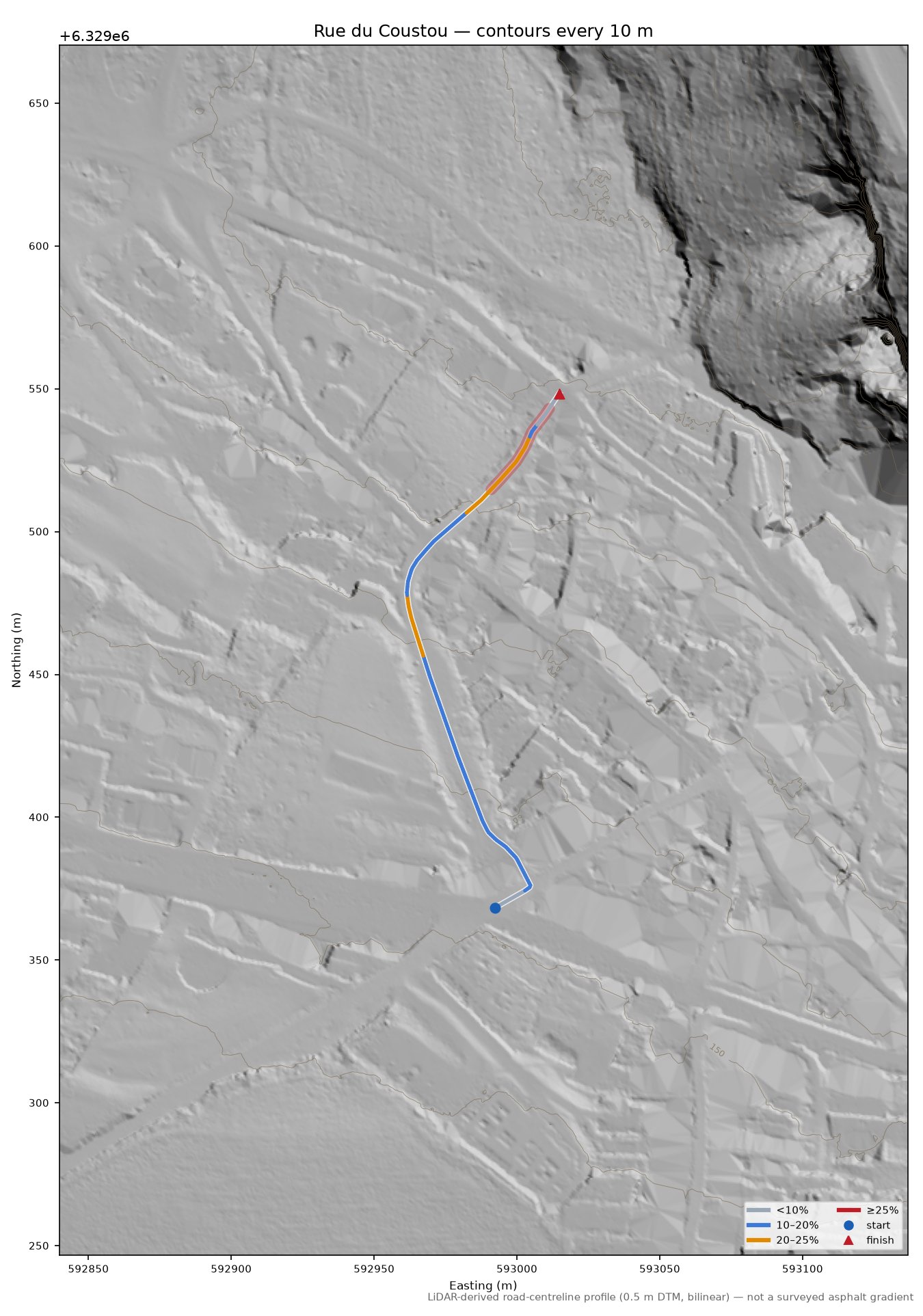 Rue du Coustou LiDAR hillshade map with contours