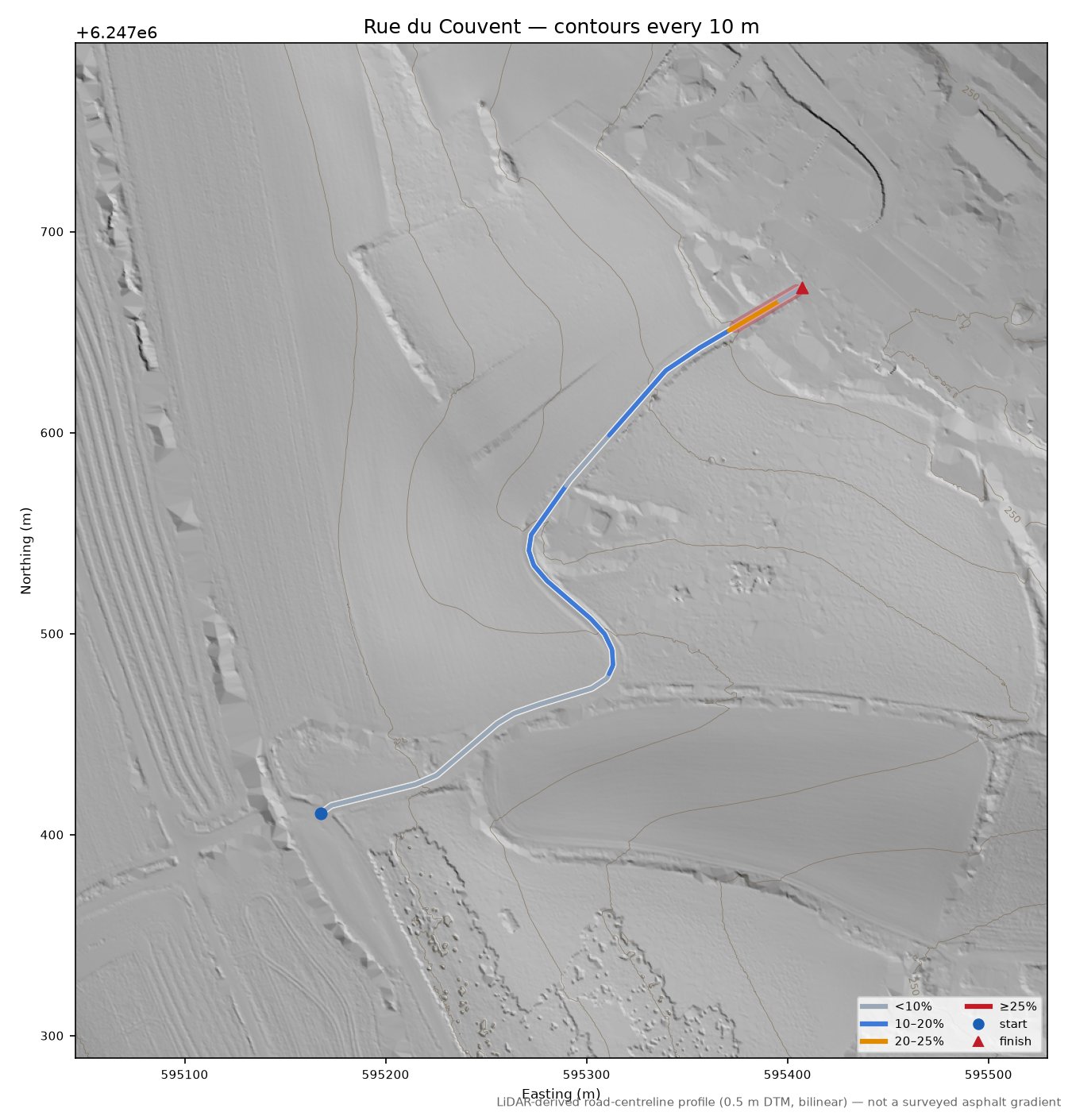 Rue du Couvent LiDAR hillshade map with contours
