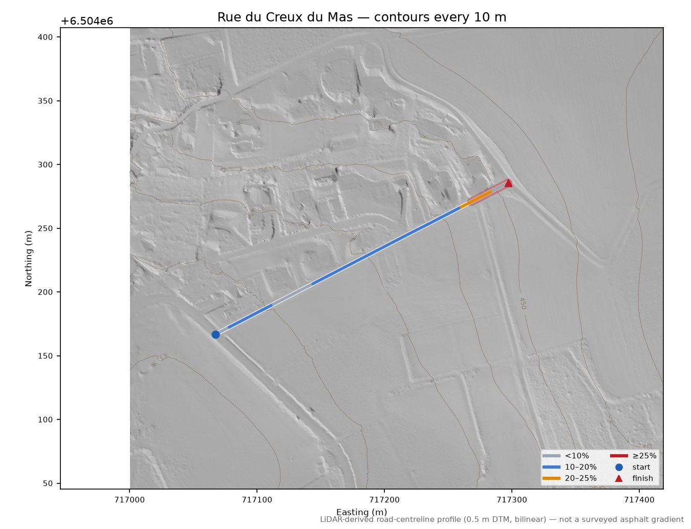 Rue du Creux du Mas LiDAR hillshade map with contours