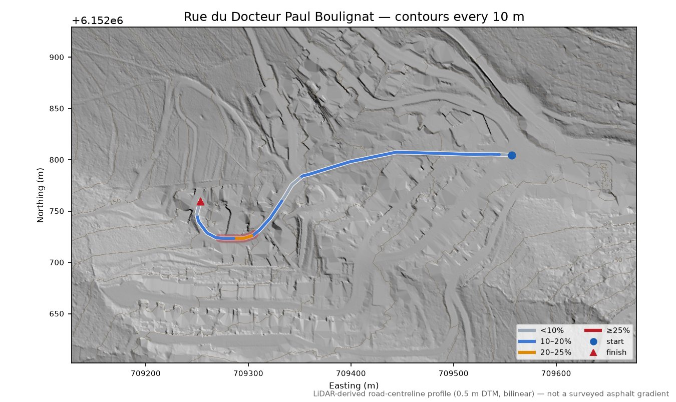 Rue du Docteur Paul Boulignat LiDAR hillshade map with contours