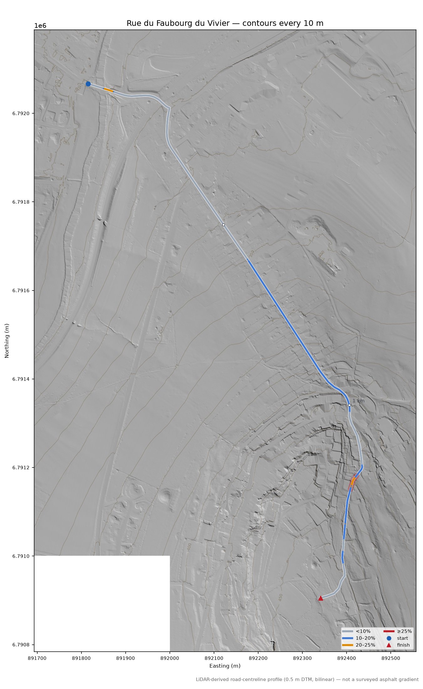 Rue du Faubourg du Vivier LiDAR hillshade map with contours