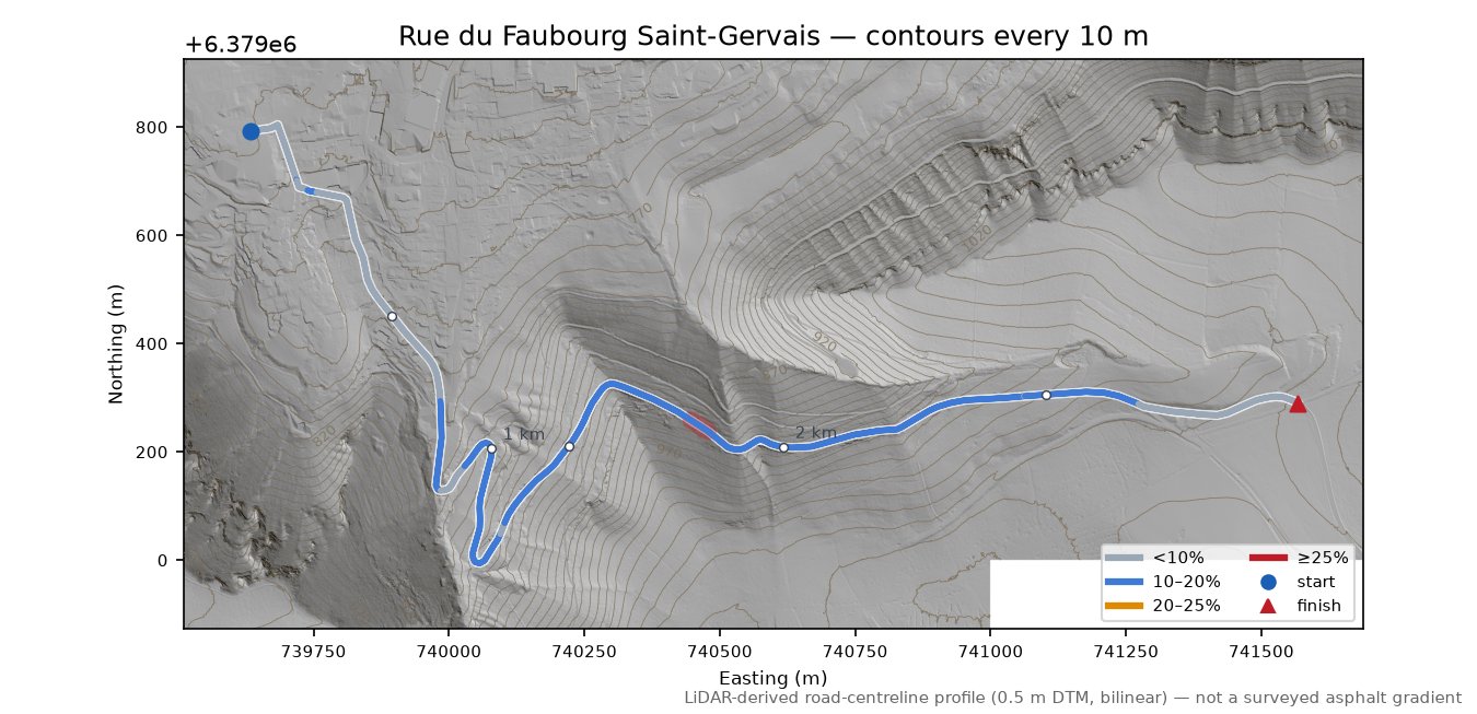 Rue du Faubourg Saint-Gervais LiDAR hillshade map with contours