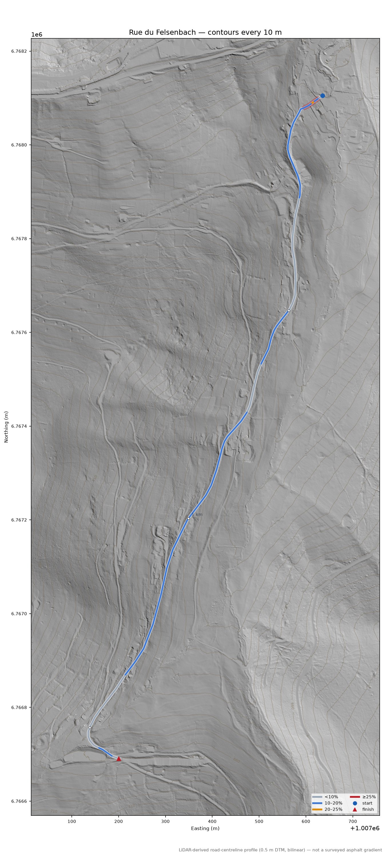 Rue du Felsenbach LiDAR hillshade map with contours