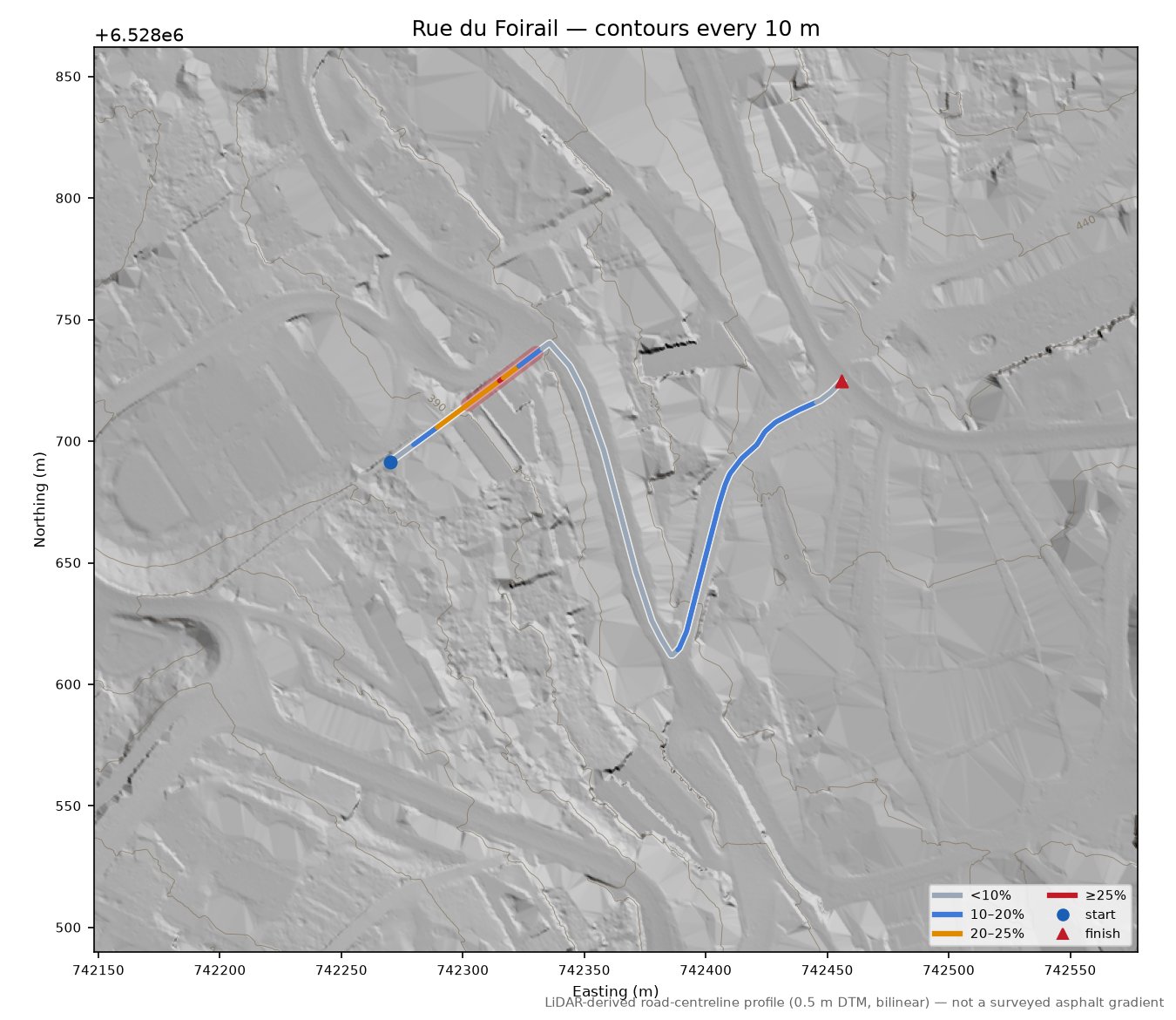Rue du Foirail LiDAR hillshade map with contours