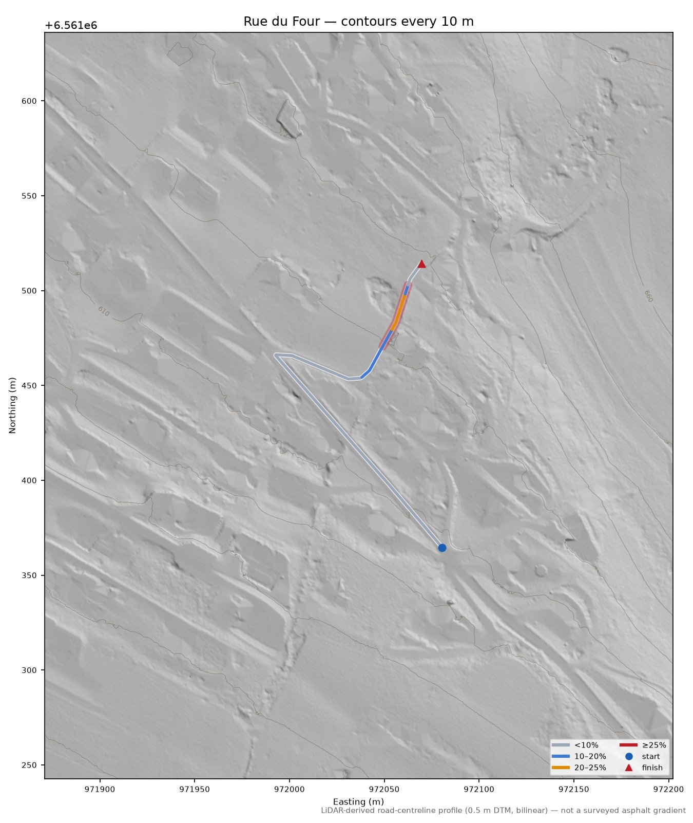 Rue du Four LiDAR hillshade map with contours