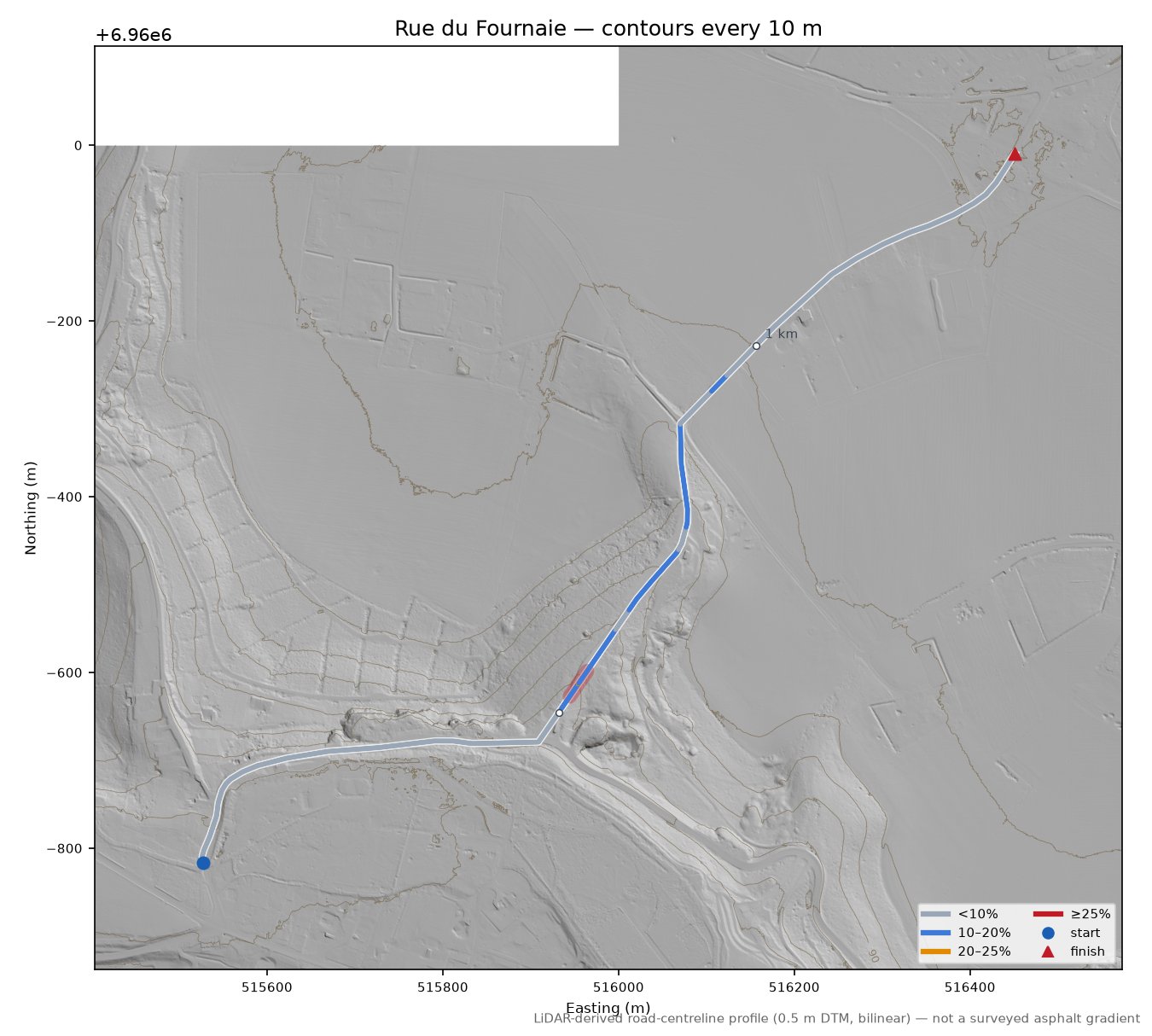 Rue du Fournaie LiDAR hillshade map with contours