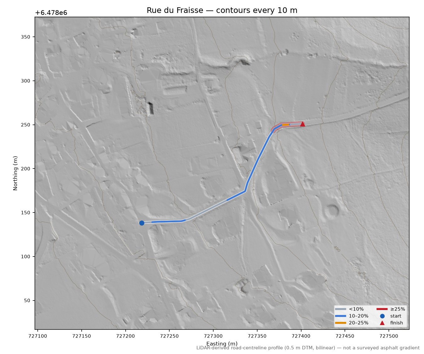 Rue du Fraisse LiDAR hillshade map with contours