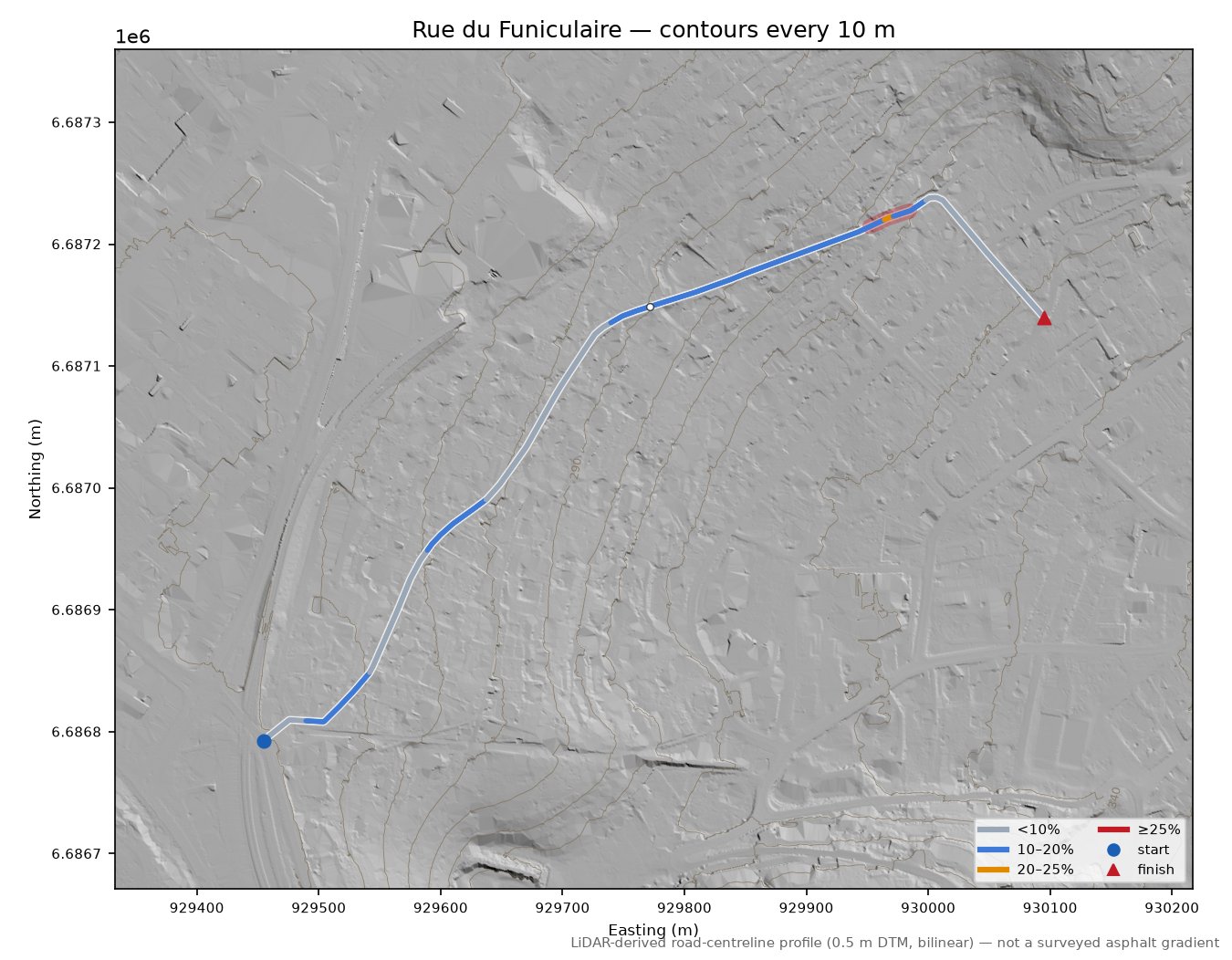 Rue du Funiculaire LiDAR hillshade map with contours