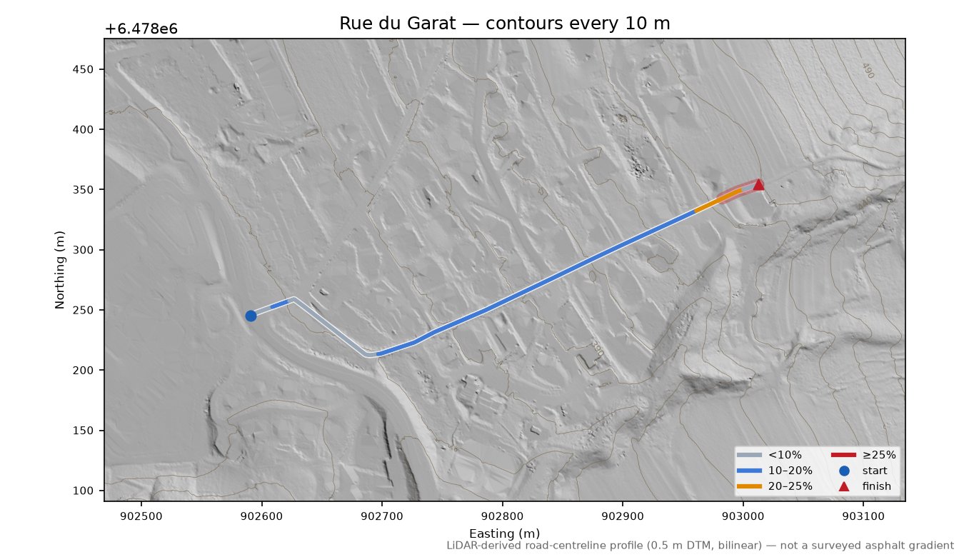 Rue du Garat LiDAR hillshade map with contours