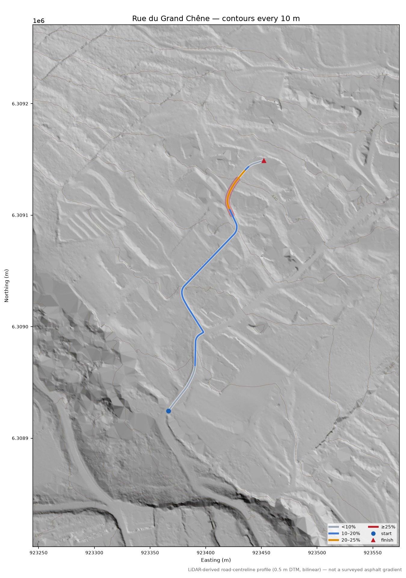 Rue du Grand Chêne LiDAR hillshade map with contours