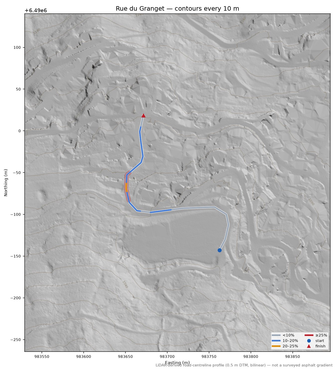 Rue du Granget LiDAR hillshade map with contours