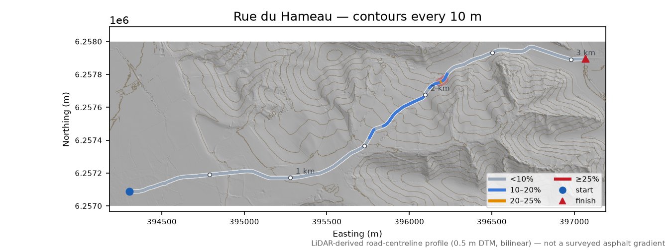 Rue du Hameau LiDAR hillshade map with contours