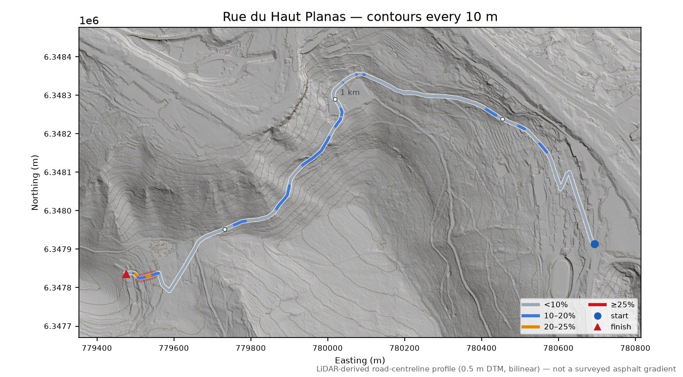 Rue du Haut Planas LiDAR hillshade map with contours