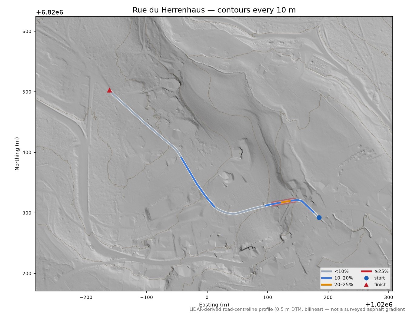 Rue du Herrenhaus LiDAR hillshade map with contours