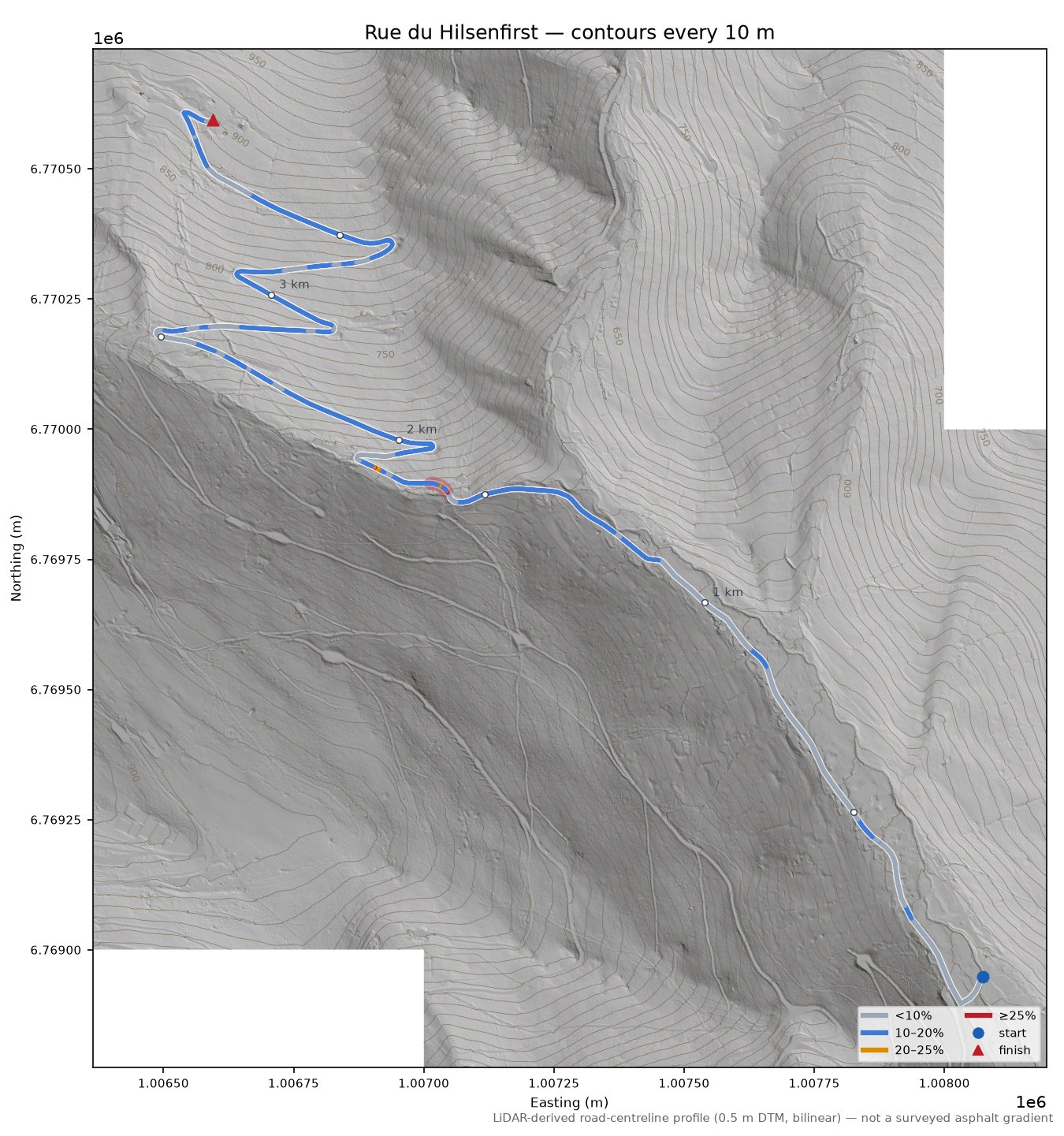 Rue du Hilsenfirst LiDAR hillshade map with contours