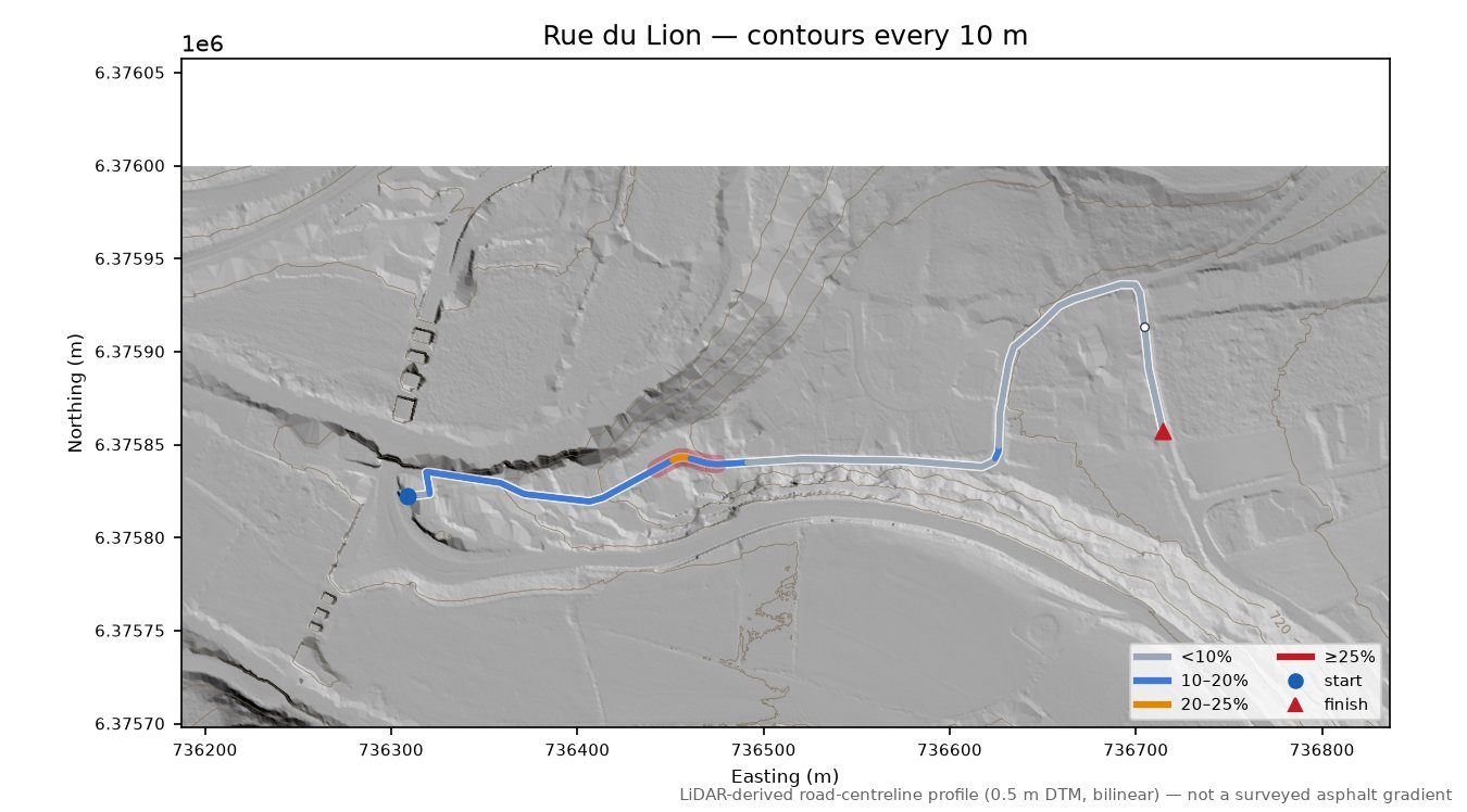 Rue du Lion LiDAR hillshade map with contours