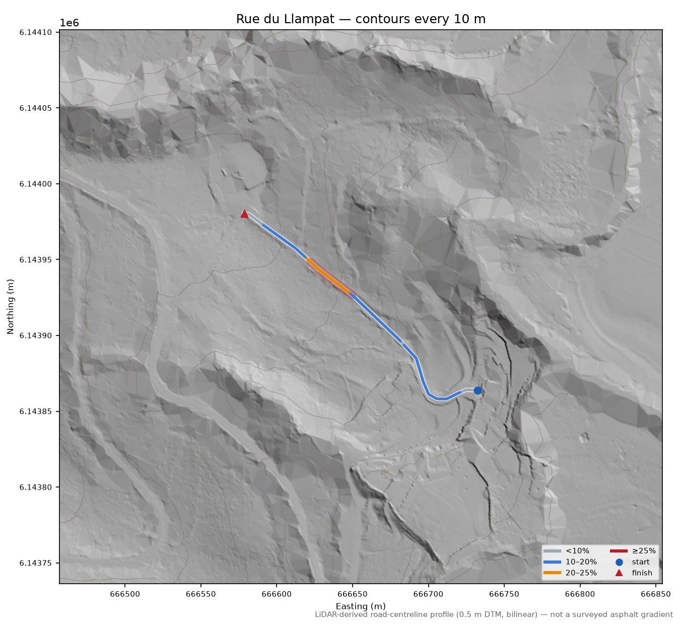 Rue du Llampat LiDAR hillshade map with contours