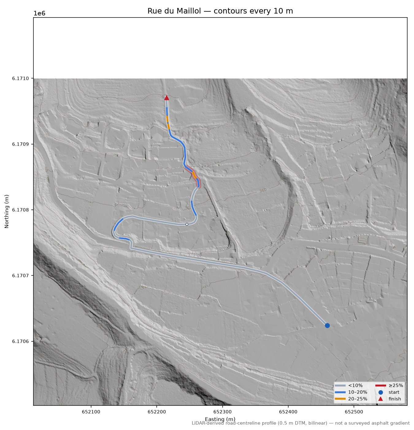 Rue du Maillol LiDAR hillshade map with contours