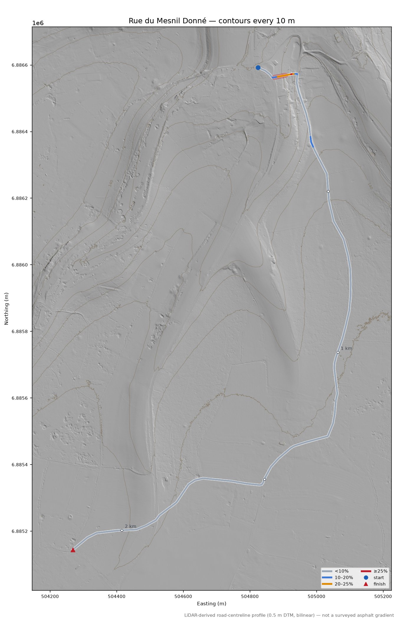 Rue du Mesnil Donné LiDAR hillshade map with contours