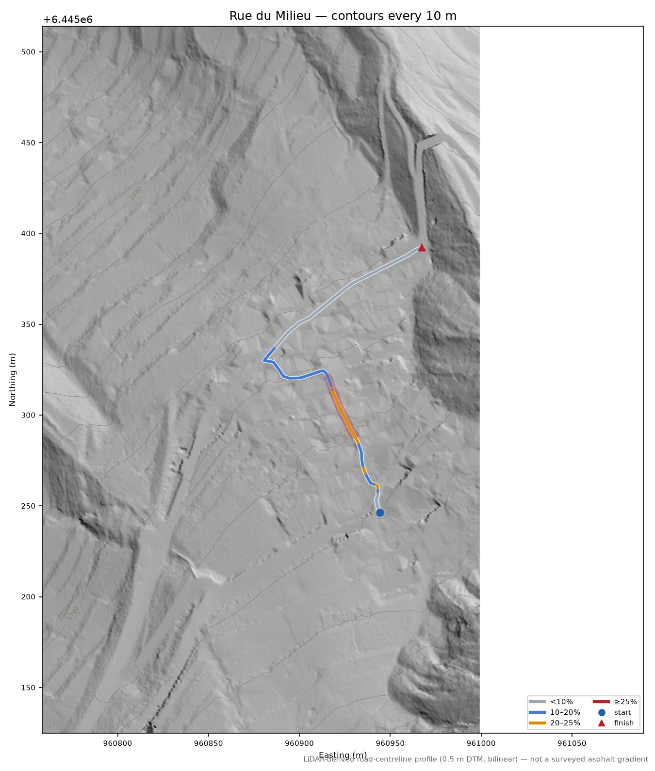Rue du Milieu LiDAR hillshade map with contours