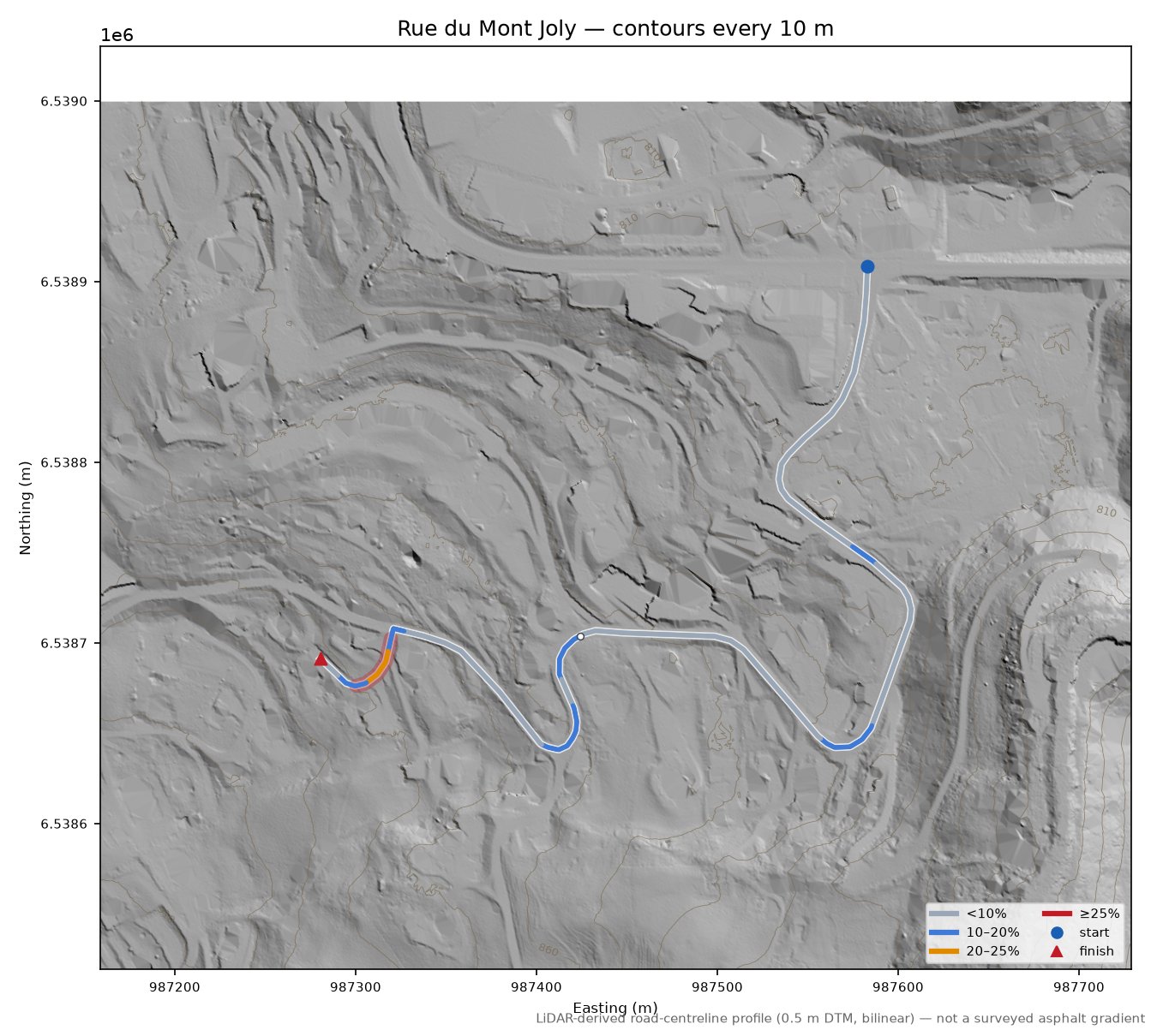 Rue du Mont Joly LiDAR hillshade map with contours