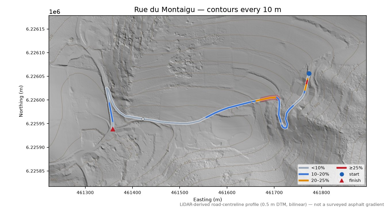 Rue du Montaigu LiDAR hillshade map with contours
