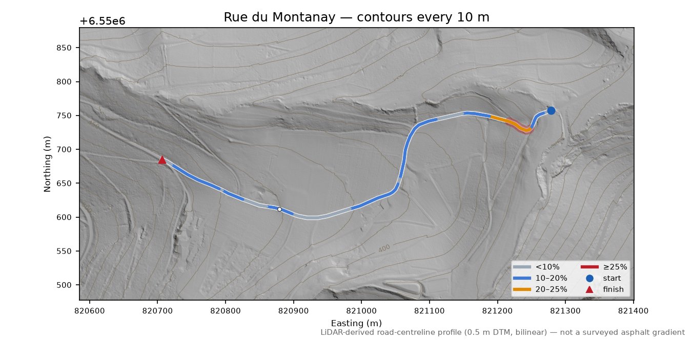 Rue du Montanay LiDAR hillshade map with contours