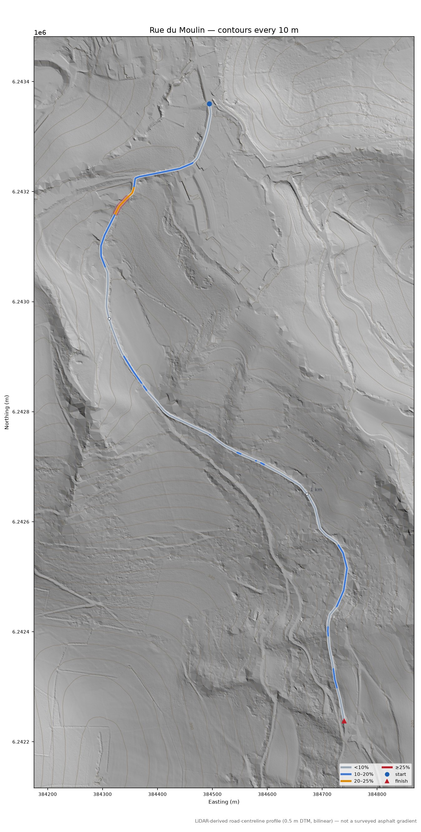 Rue du Moulin LiDAR hillshade map with contours