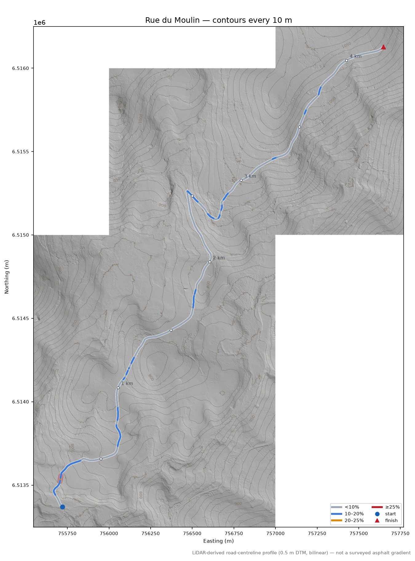 Rue du Moulin LiDAR hillshade map with contours
