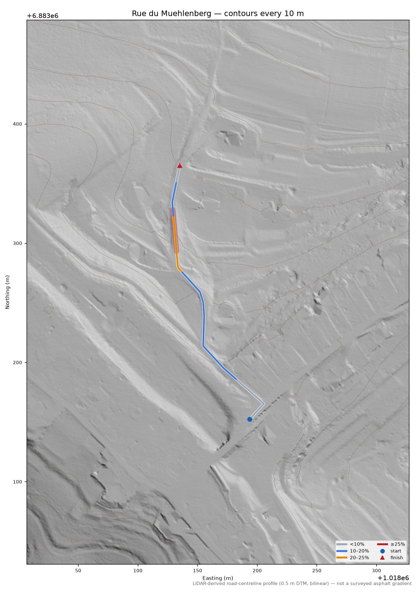 Rue du Muehlenberg LiDAR hillshade map with contours