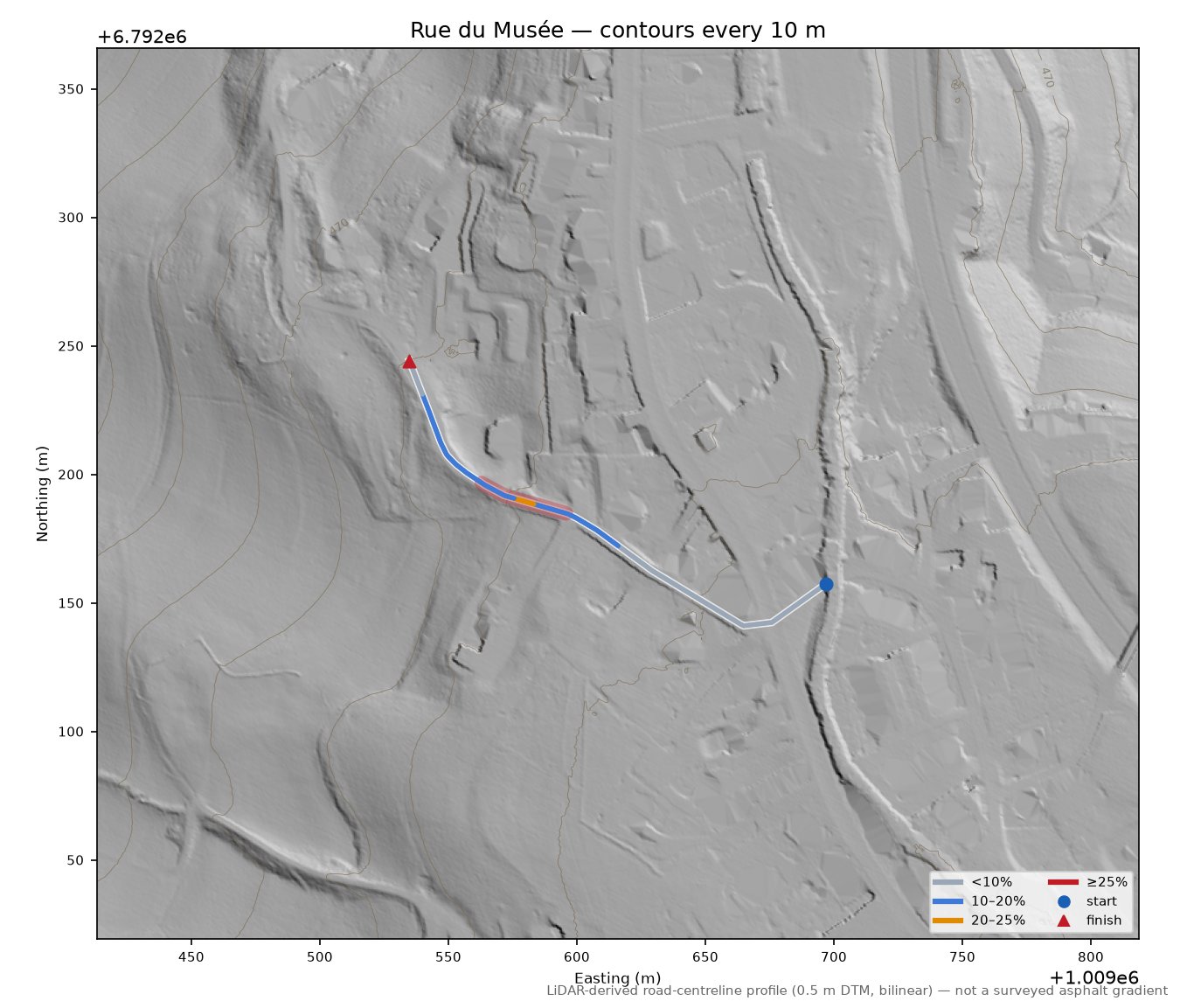 Rue du Musée LiDAR hillshade map with contours