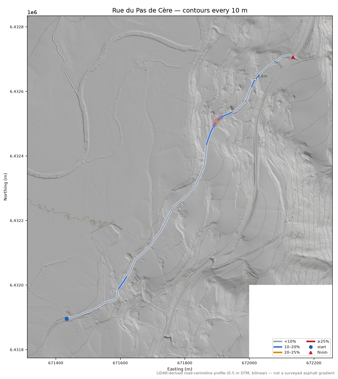Rue du Pas de Cère LiDAR hillshade map with contours