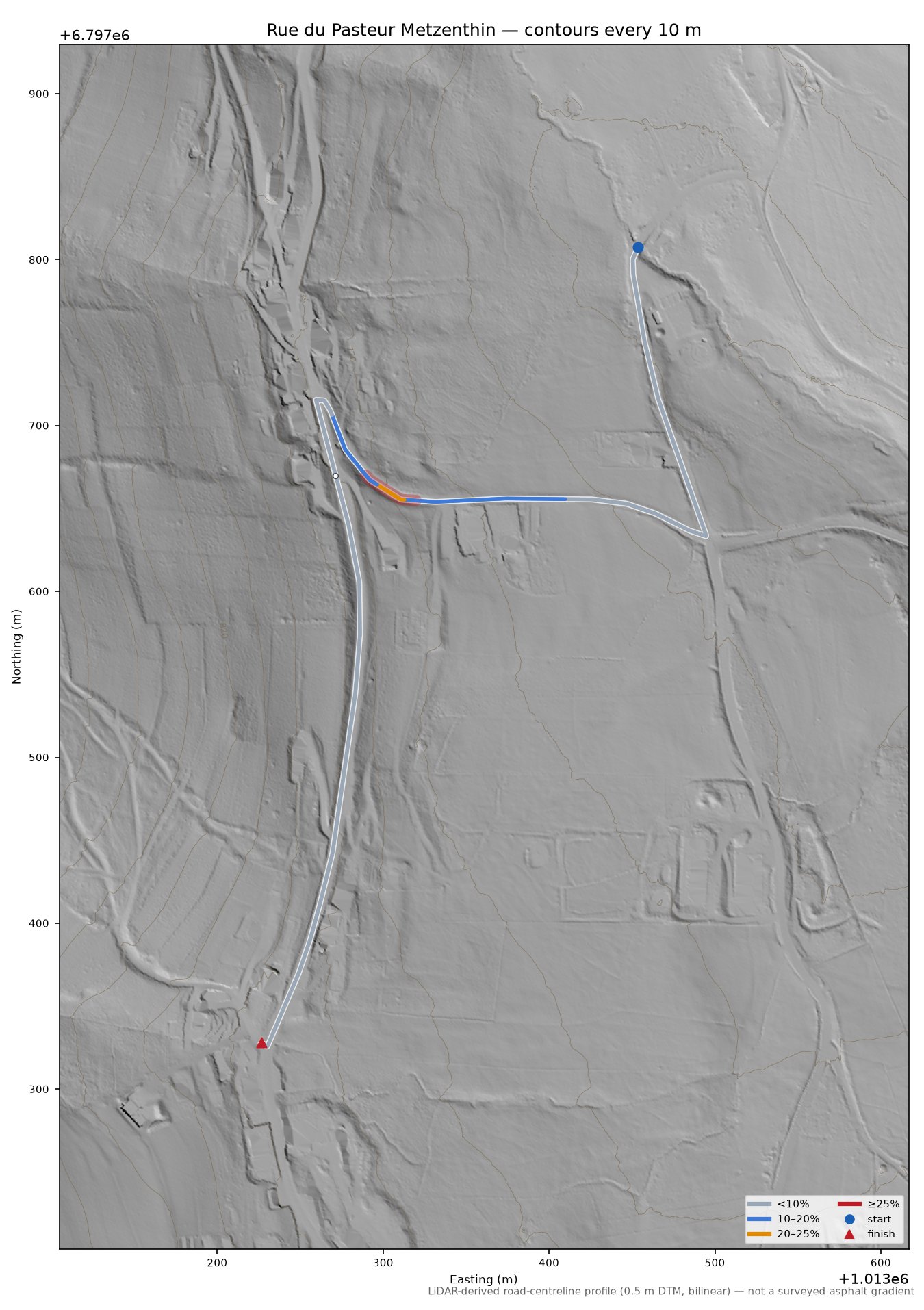 Rue du Pasteur Metzenthin LiDAR hillshade map with contours