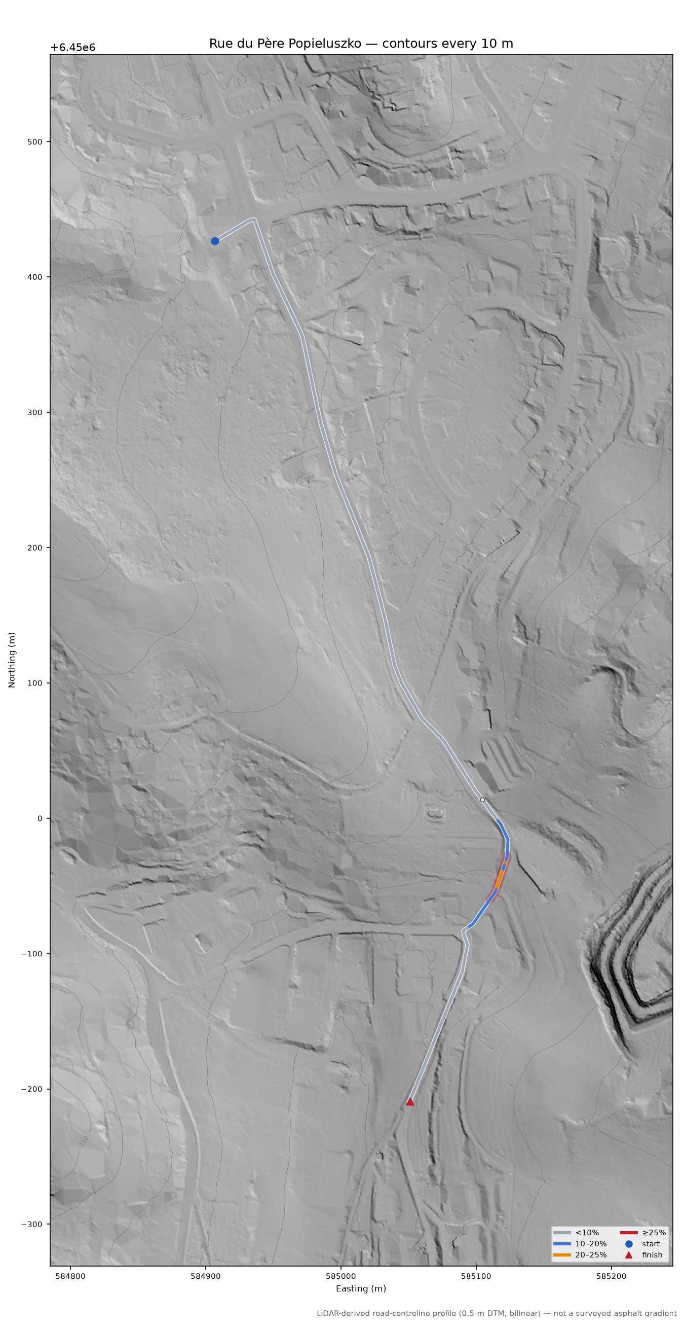 Rue du Père Popieluszko LiDAR hillshade map with contours