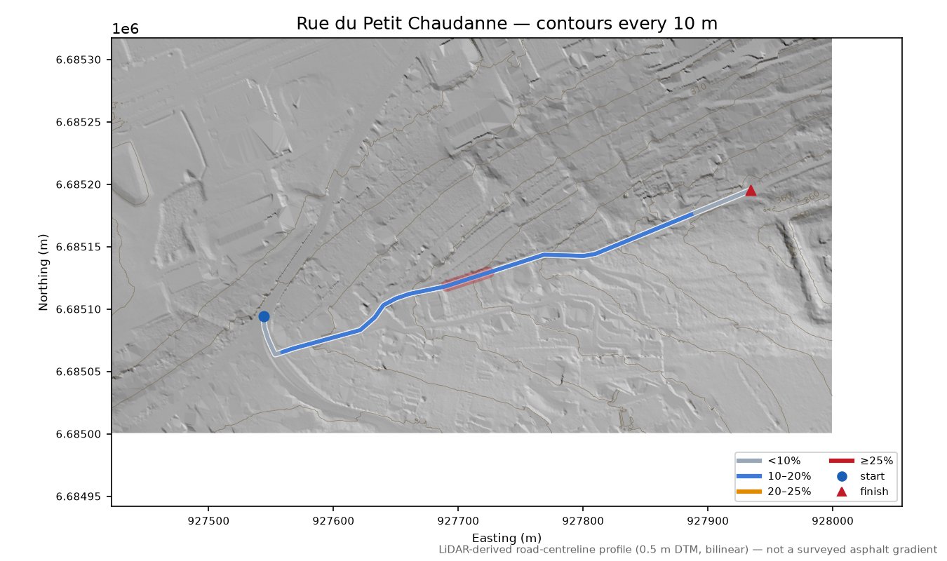 Rue du Petit Chaudanne LiDAR hillshade map with contours