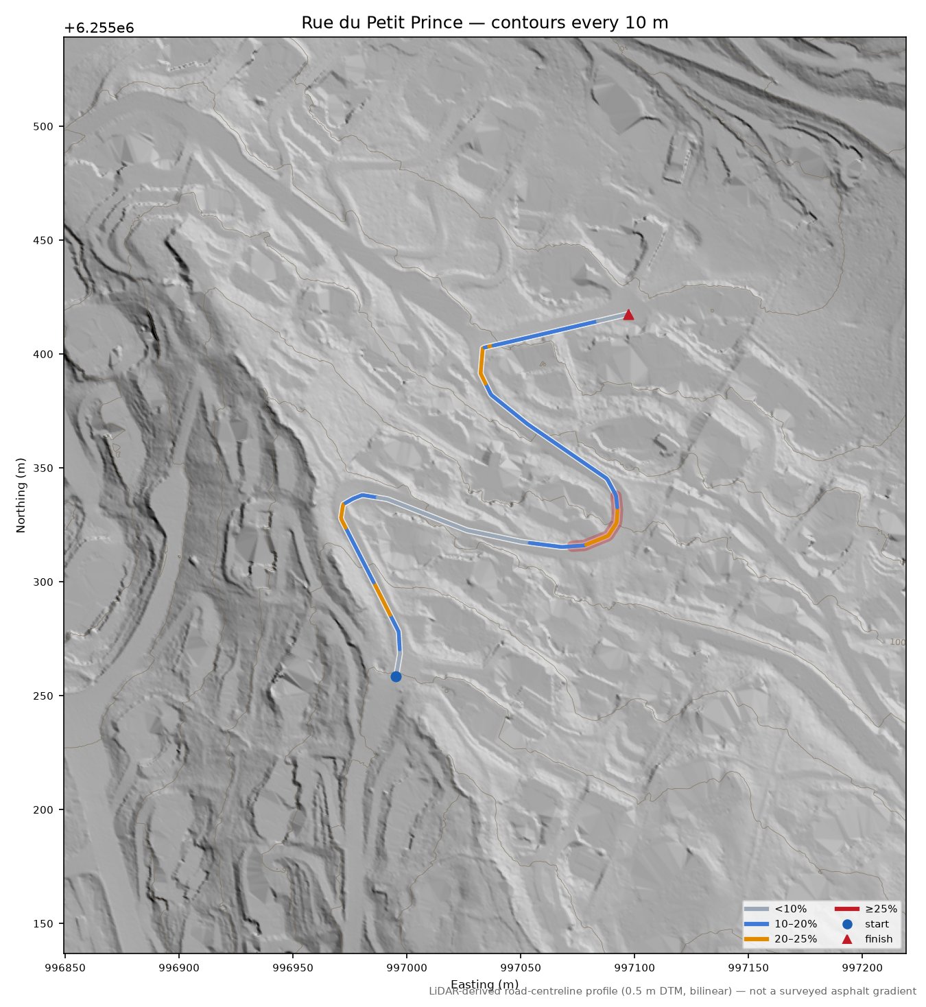 Rue du Petit Prince LiDAR hillshade map with contours