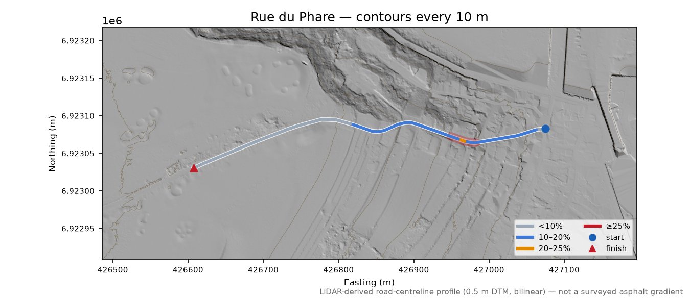 Rue du Phare LiDAR hillshade map with contours