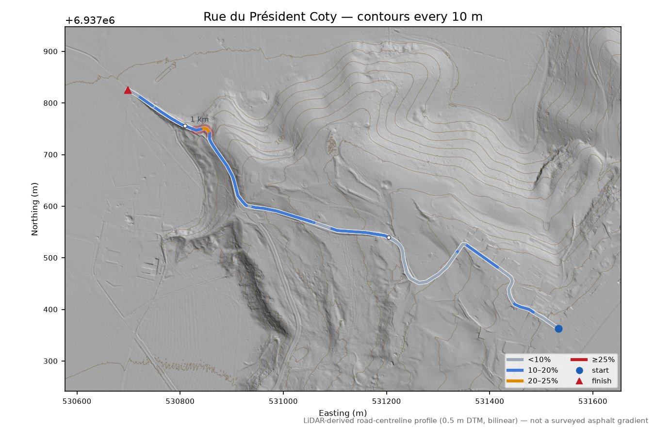 Rue du Président Coty LiDAR hillshade map with contours