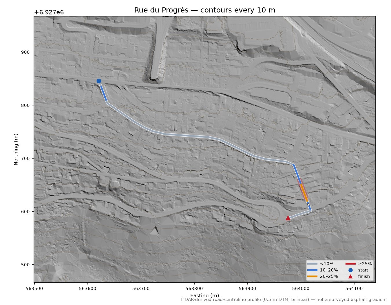 Rue du Progrès LiDAR hillshade map with contours