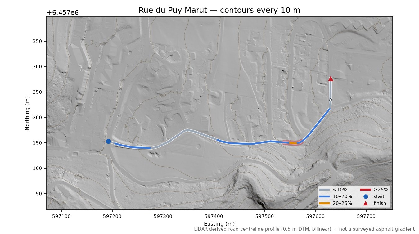 Rue du Puy Marut LiDAR hillshade map with contours