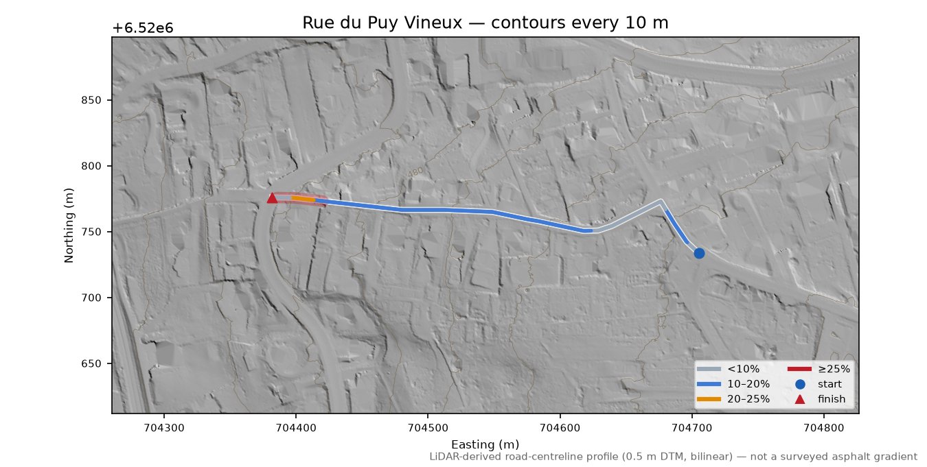 Rue du Puy Vineux LiDAR hillshade map with contours