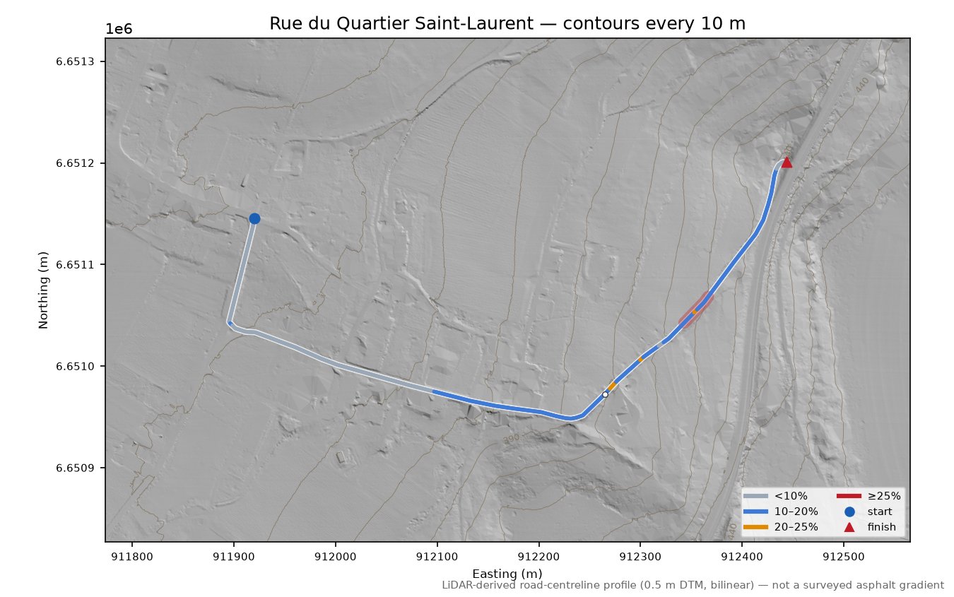 Rue du Quartier Saint-Laurent LiDAR hillshade map with contours