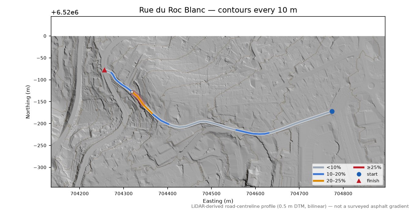 Rue du Roc Blanc LiDAR hillshade map with contours