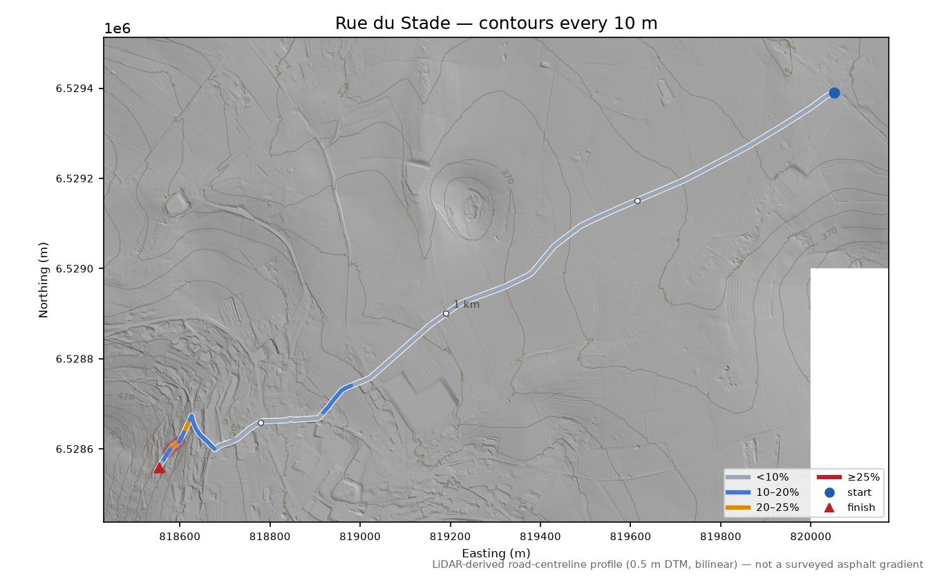 Rue du Stade LiDAR hillshade map with contours