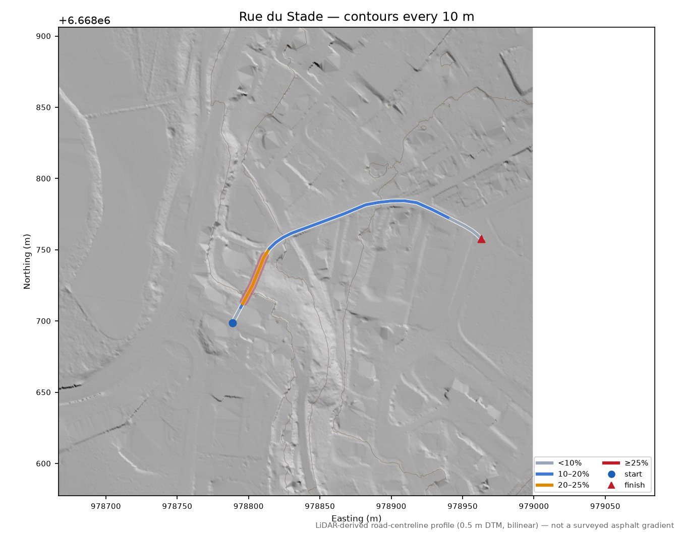 Rue du Stade LiDAR hillshade map with contours