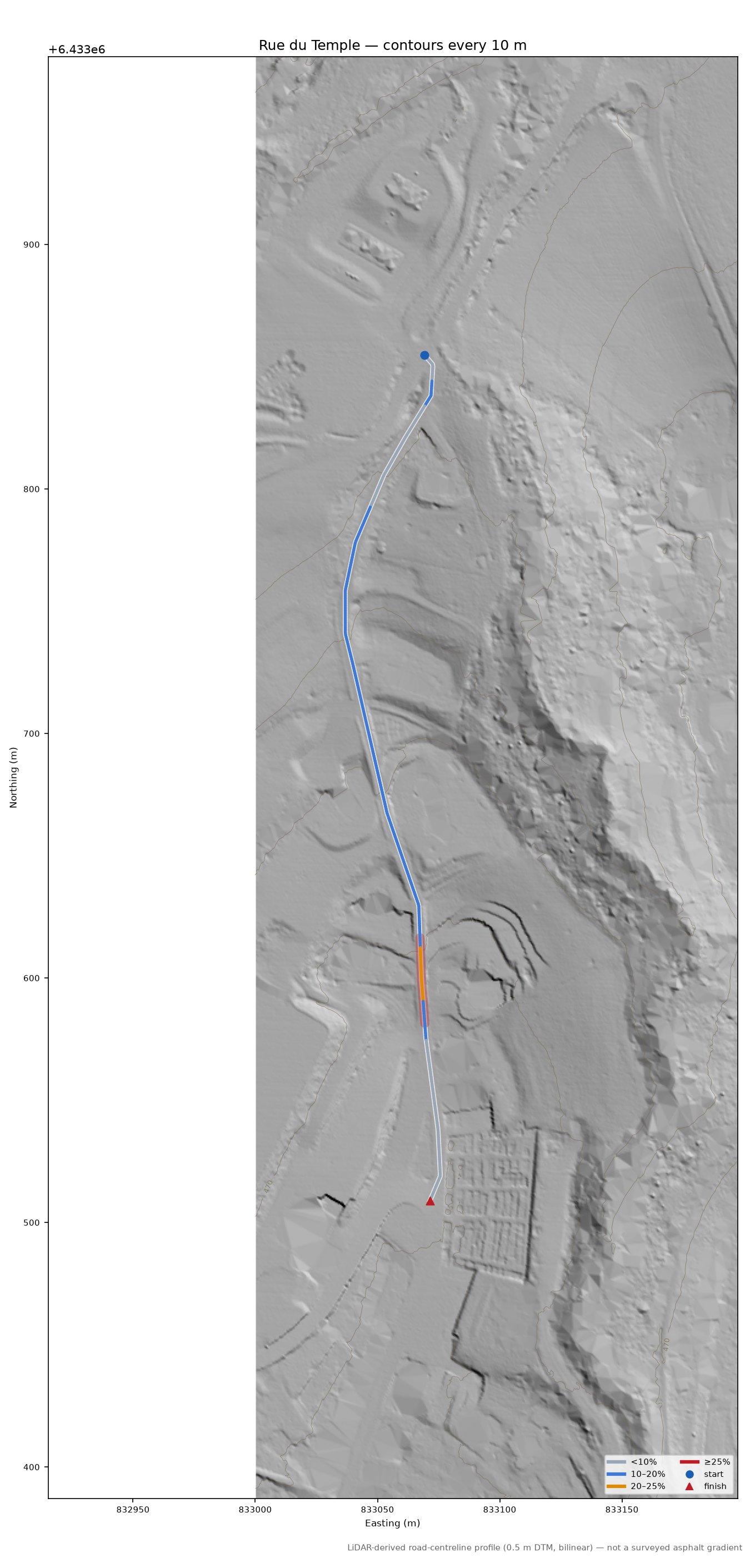 Rue du Temple LiDAR hillshade map with contours